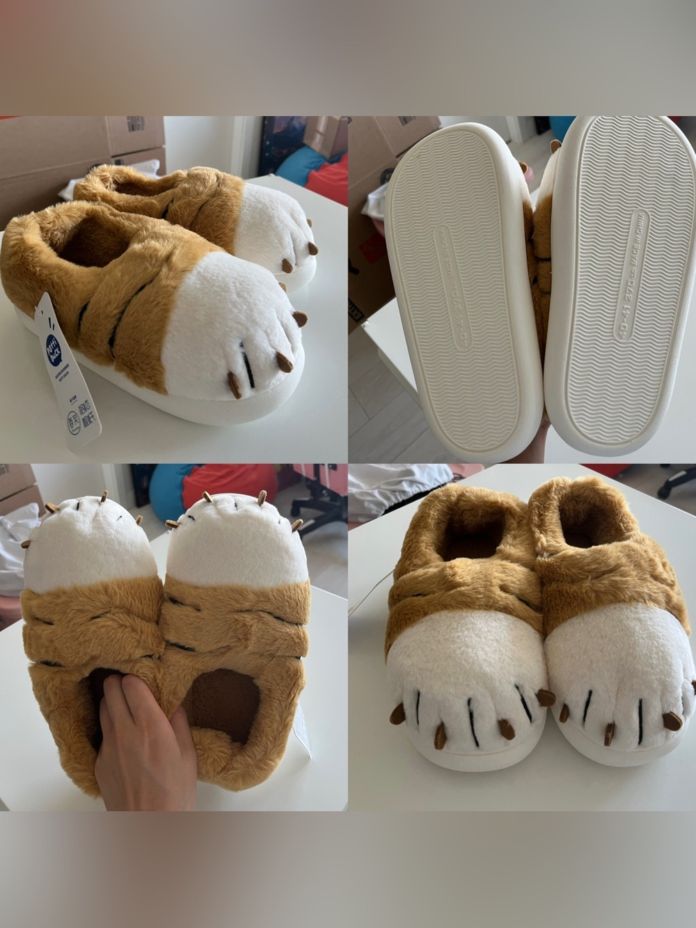 Cozy Faux-Fur Brown & White tiger Paw Slippers - Women